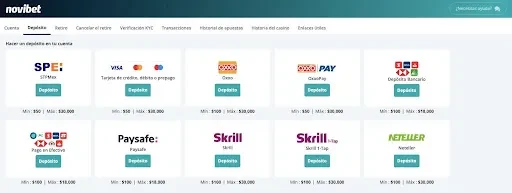 Rejilla de métodos de depósito con logotipos de tarjetas y monederos, sin ningún importe a la vista.
