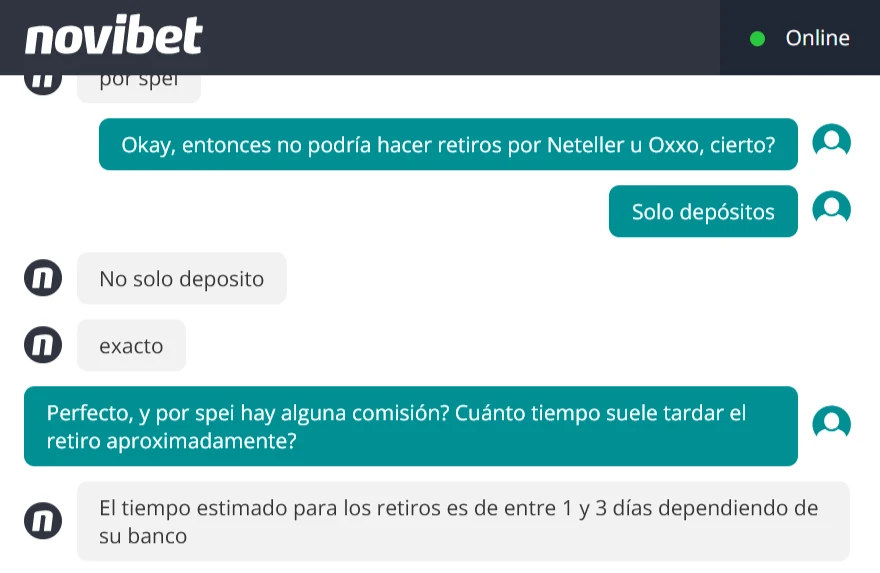 Transcripción de un chat de atención en la que un agente explica qué métodos sirven solo para depositar.