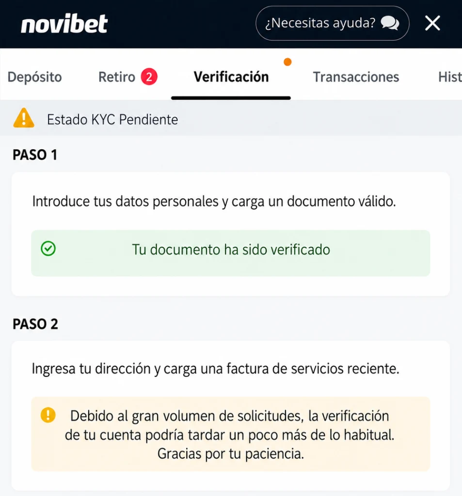 Pestaña de verificación de una cuenta con dos pasos documentales pendientes.