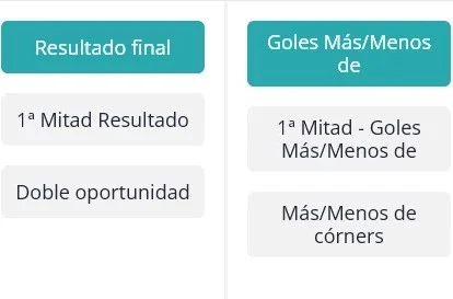 Selector con los tipos de mercado de un partido de fútbol.
