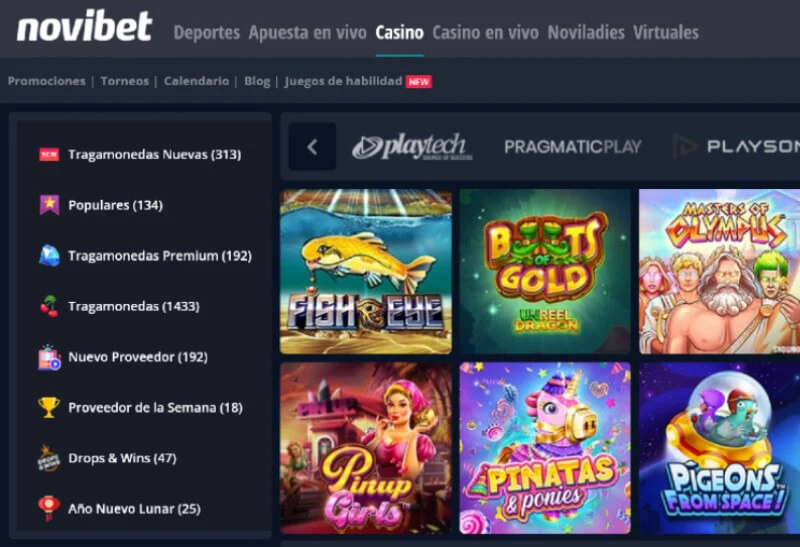 Menú de categorías de un casino en línea junto a una rejilla de juegos.