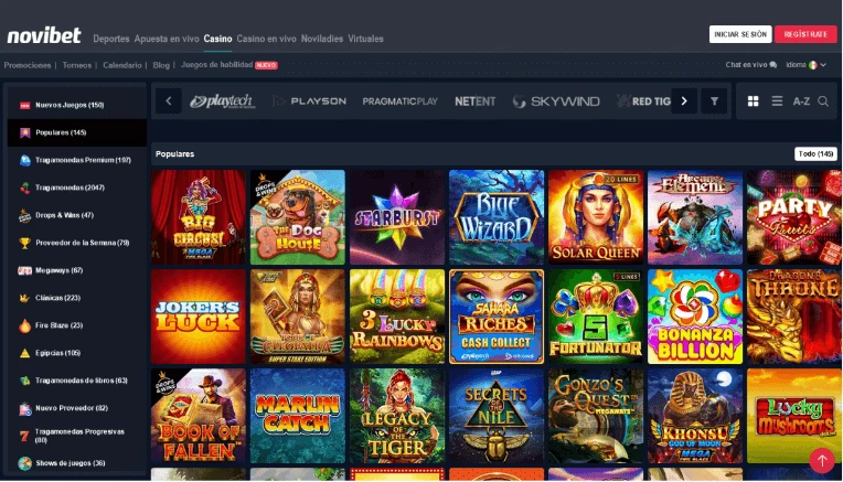 Lobby de casino con una barra de estudios proveedores sobre un bloque de juegos populares.