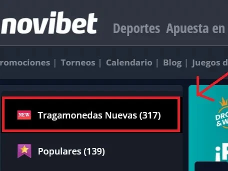 Menú lateral de un casino con conteos junto a cada categoría de tragamonedas.