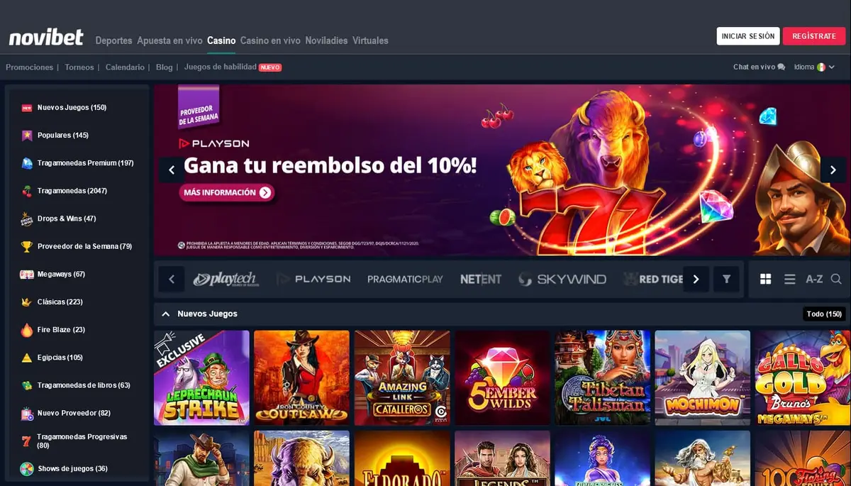 Portada de un casino en línea con carrusel de promociones arriba y rejilla de juegos debajo.